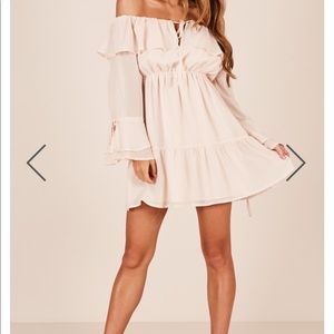 Showpo off the shoulders nude dress 18